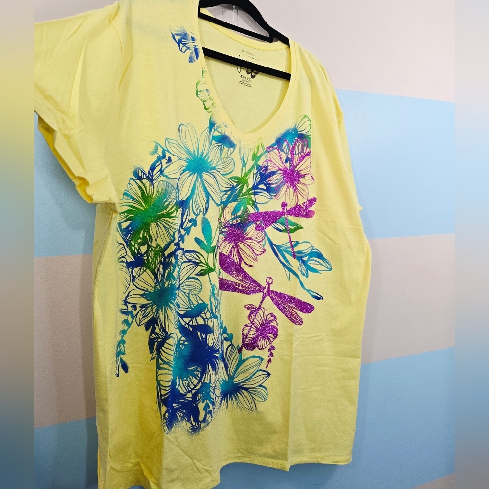 NWOT Just My Size Yellow V-Neck Tee with Blue, Green & Purple Floral Dragonfly - Picture 5 of 8
